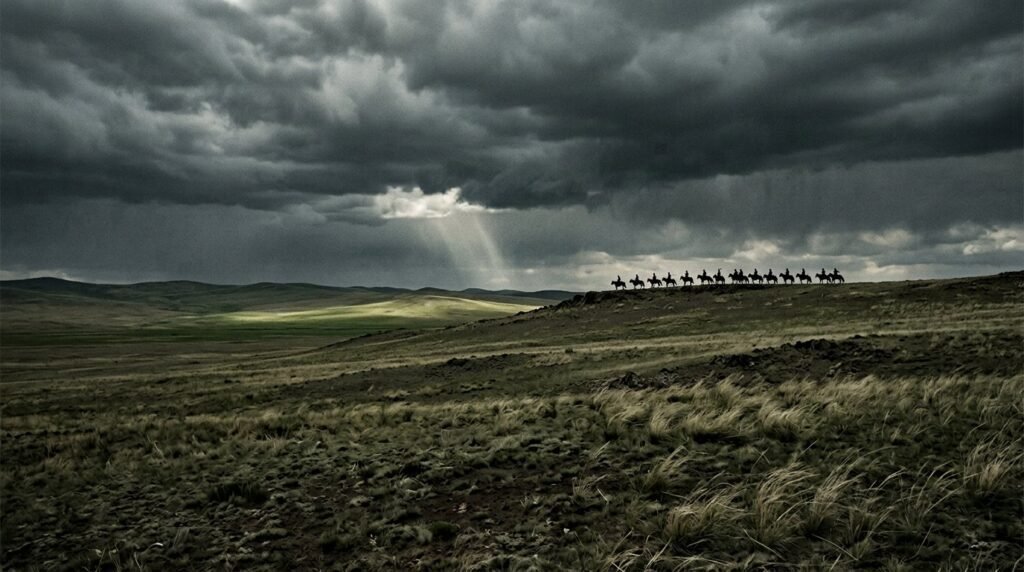 Distant riders on a ridge under a storm sky on the Mongolian steppe