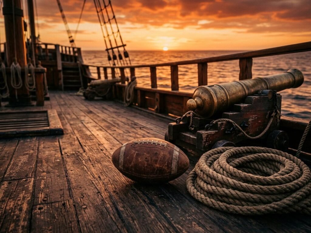 Football and a cannon on a pirate ship deck at sunset