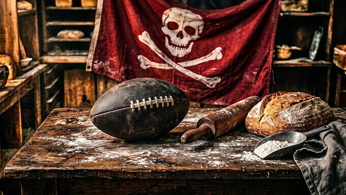 Football on a flour-dusted bakery counter with a red pirate flag behind it