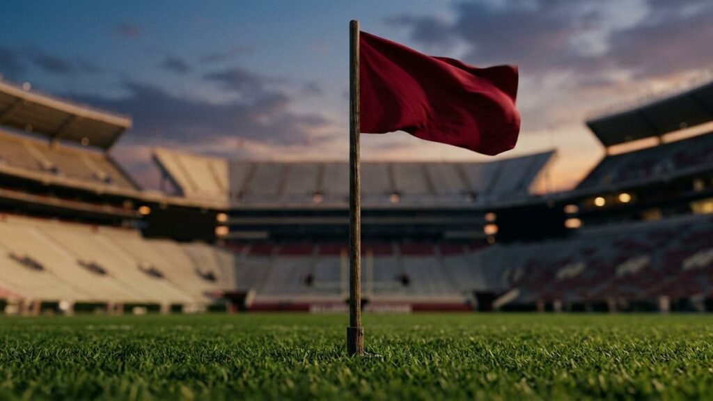Crimson flag planted at midfield in an empty stadium at dusk