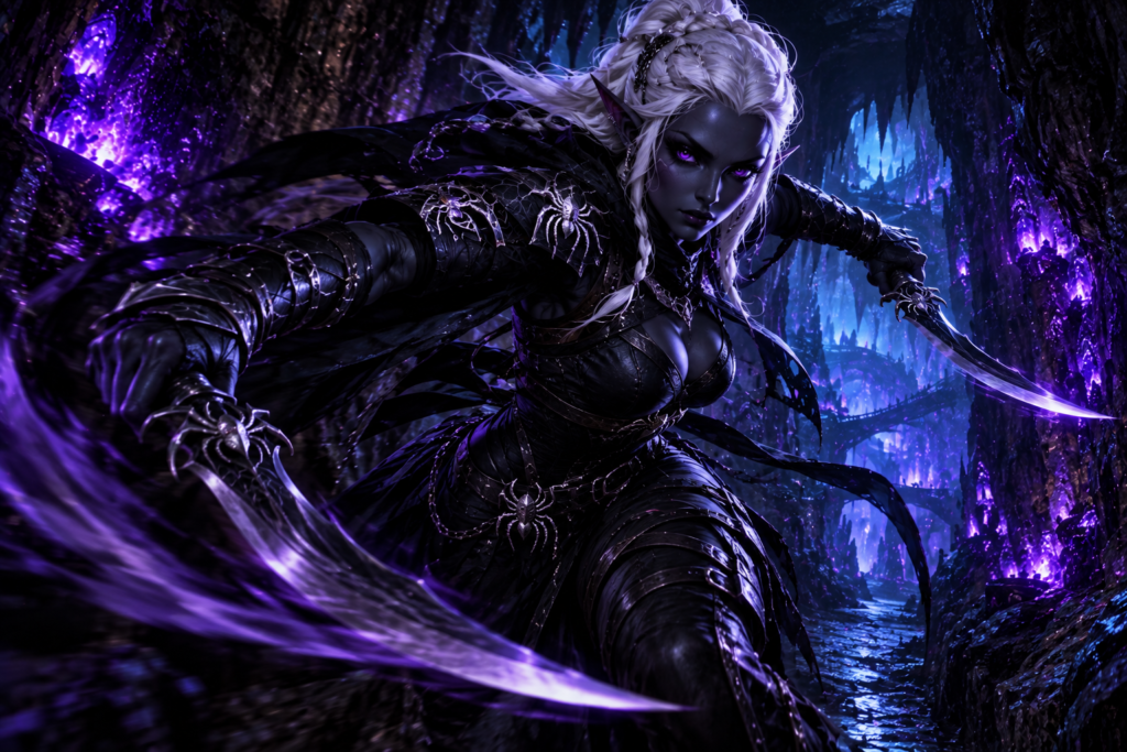 female drow warrior names — drow fighter with twin blades