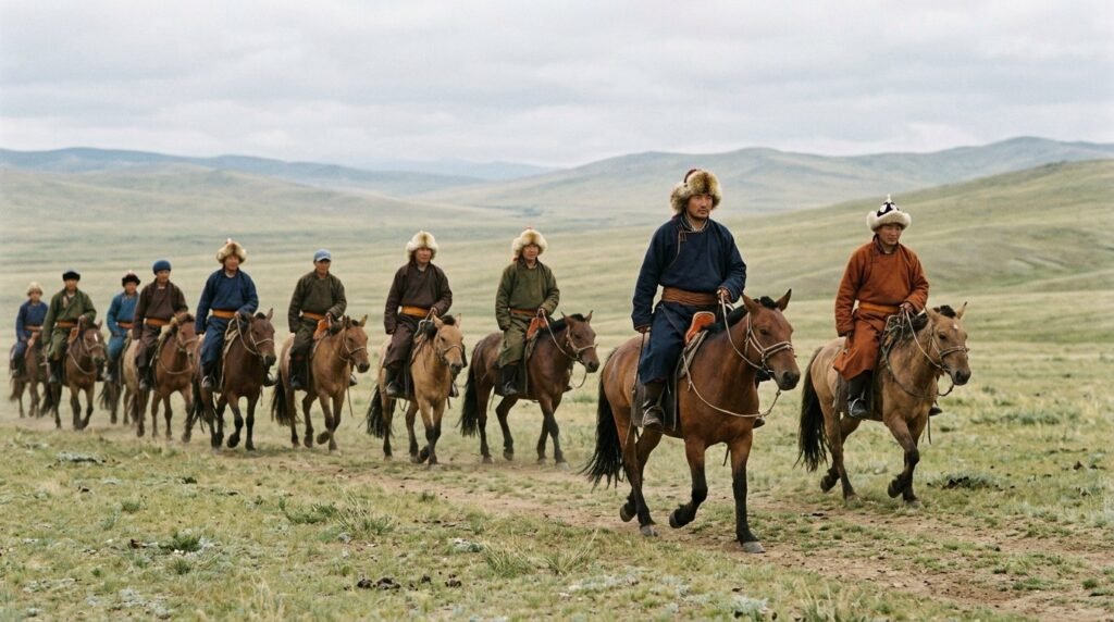 Mongolian riders in traditional deel robes crossing the steppe