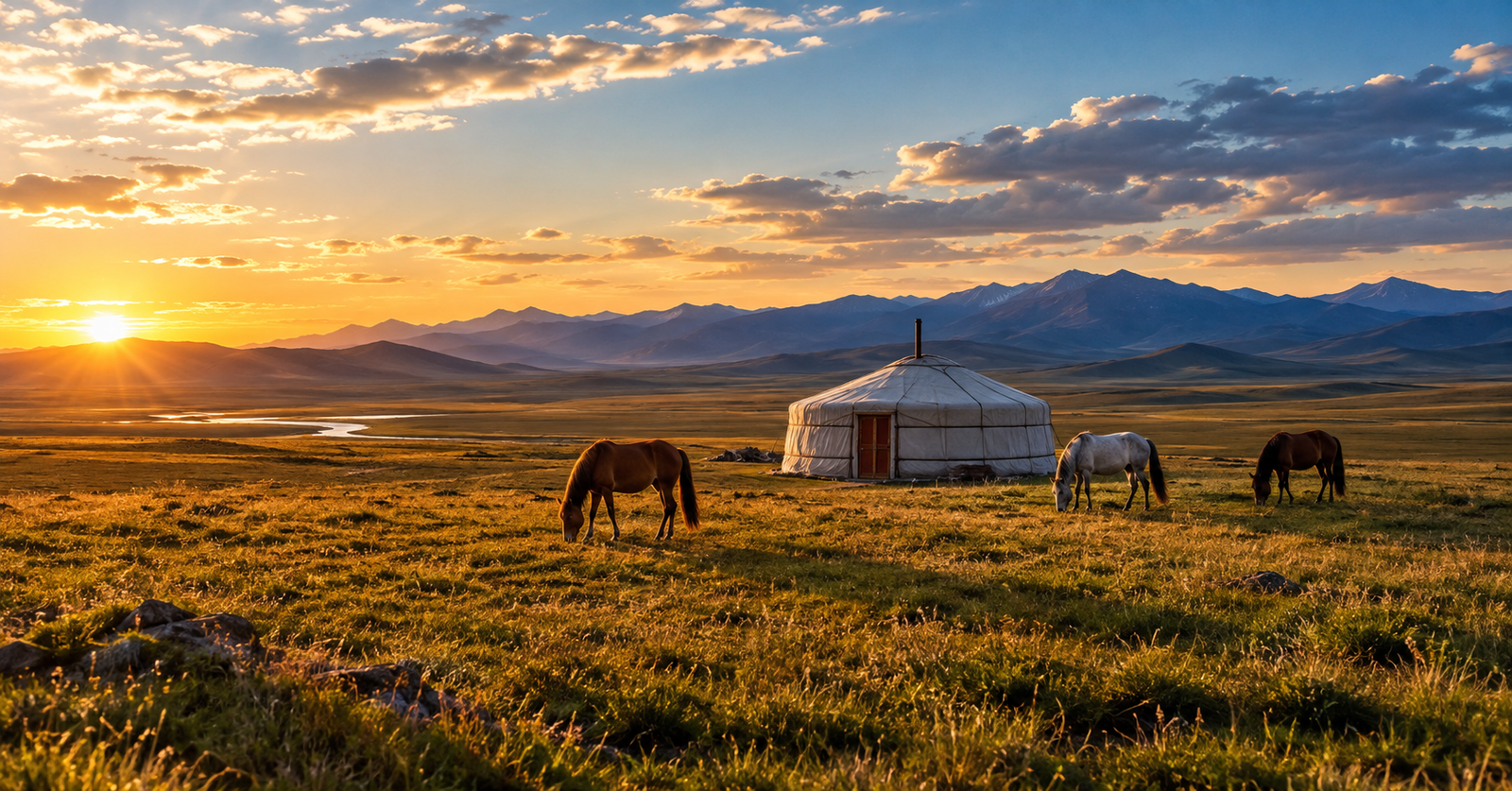 Traditional Mongolian ger and horses on the open steppe at sunset