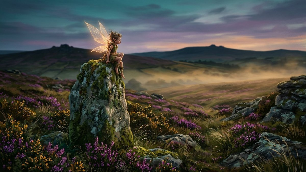 Tiny pixie perched on a standing stone on Cornish moorland at dusk