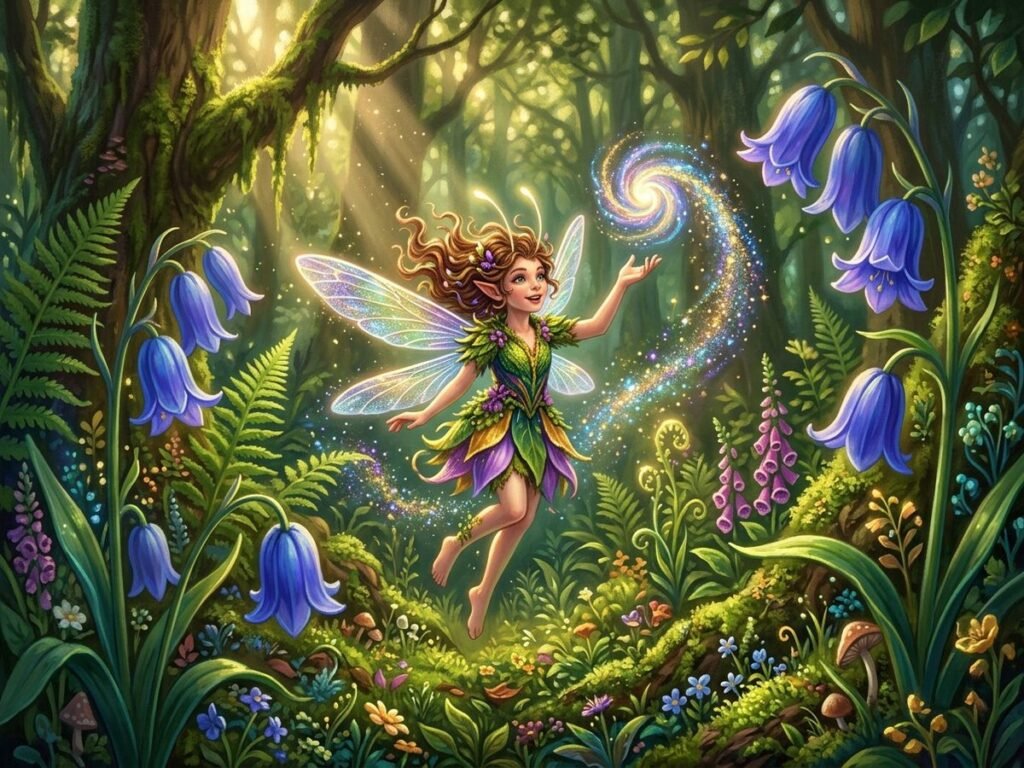 D&D pixie casting a spell with pixie dust in a Feywild glade
