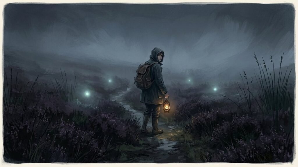 Traveller with a lantern led off the path by pixie lights on a foggy moor
