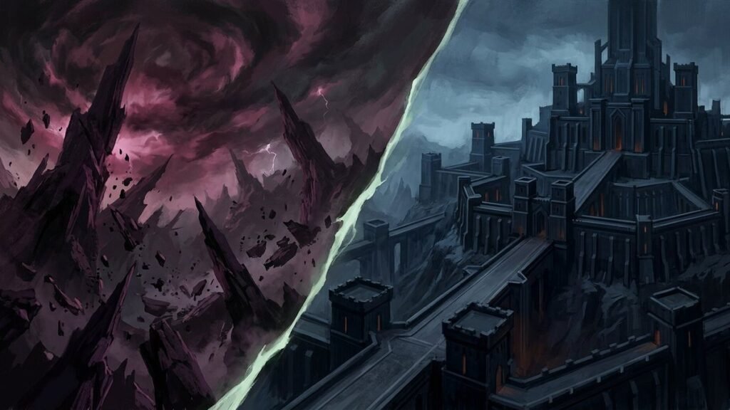 Split fantasy landscape with a chaotic jagged abyss on the left and an ordered tiered infernal citadel on the right