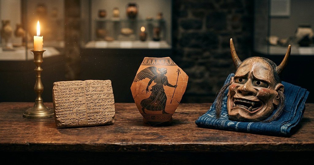 Ancient clay tablet and Greek pottery representing female demons from world mythology