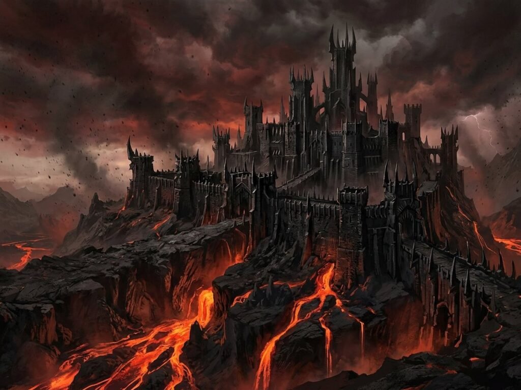 Black fortress of a dark kingdom on a volcanic ridge under a red storm sky