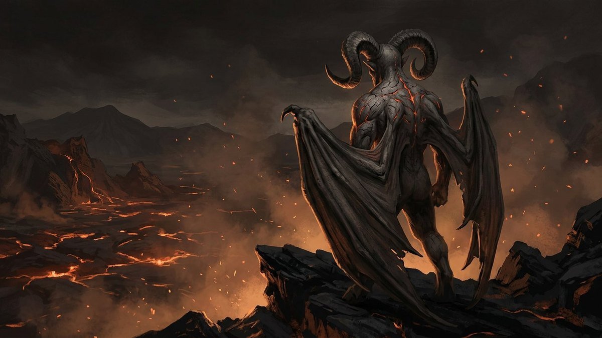 Original dark fantasy horned fiend in silhouette above a sea of orange embers with folded wings and drifting sparks