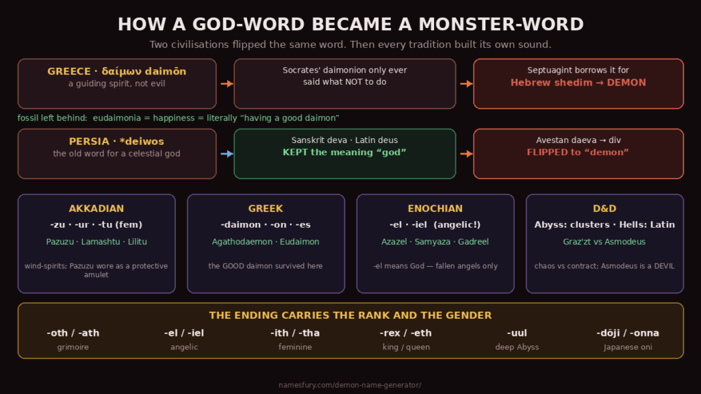 Chart showing how the Greek daimon and Persian daeva each flipped from god to demon, with four naming sound kits