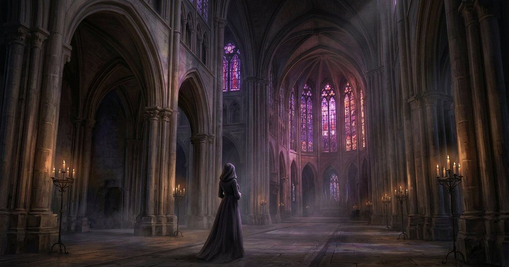 Gothic demoness names with a cloaked figure in a cathedral interior