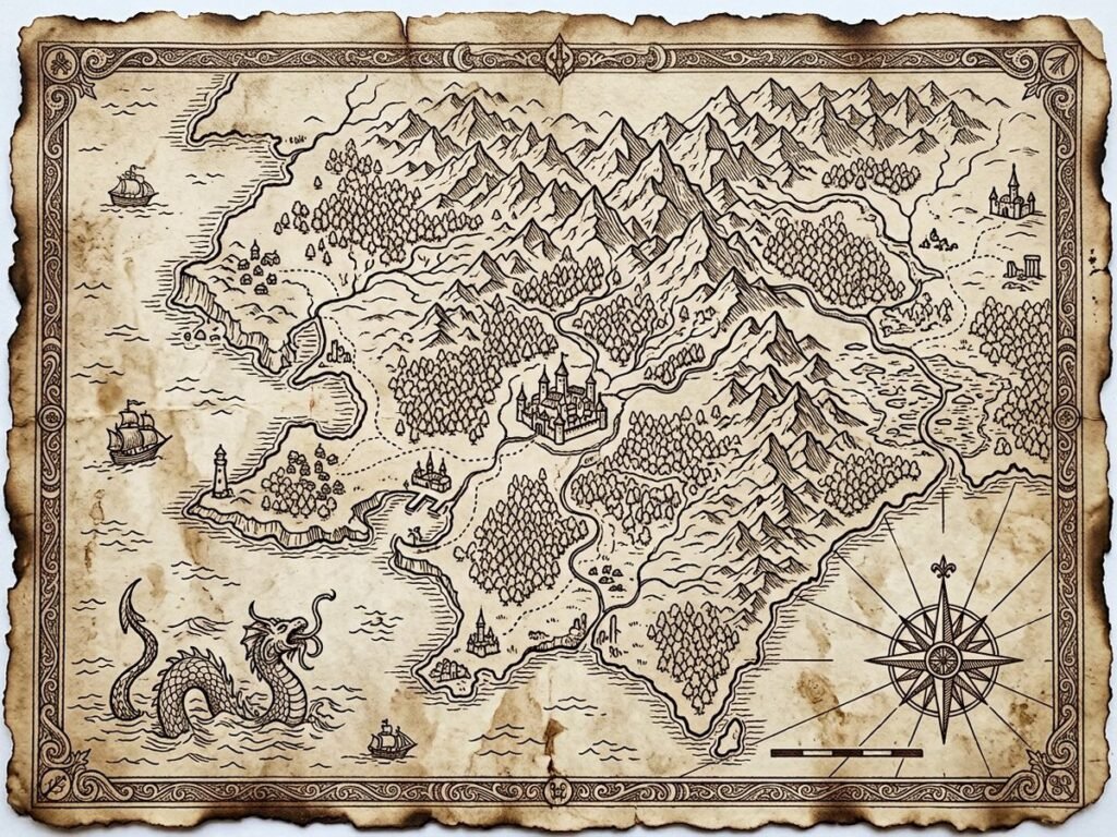 Old parchment fantasy map of a kingdom with mountains forests and a coastline