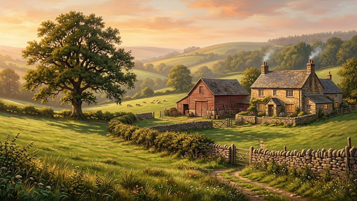 Stone farmhouse and red barn in golden evening light behind a dry-stone wall and hawthorn hedge with sheep grazing