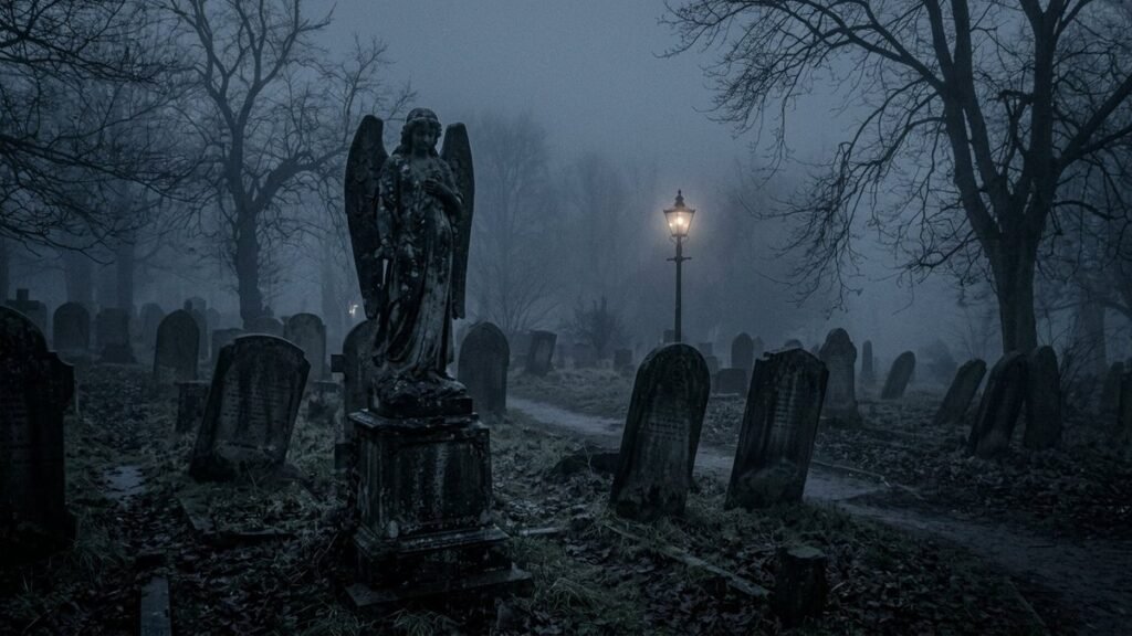 Foggy Victorian cemetery at night with a stone angel monument, leaning headstones and a lit gas lamp