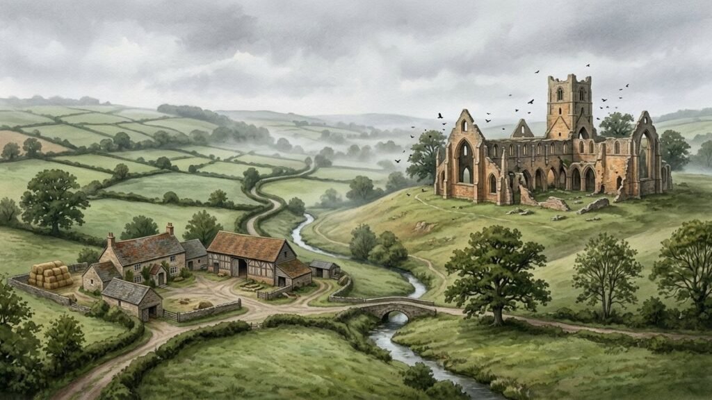 Ruined medieval abbey on a hill above a valley farm and a patchwork of small hedgerowed fields in morning mist
