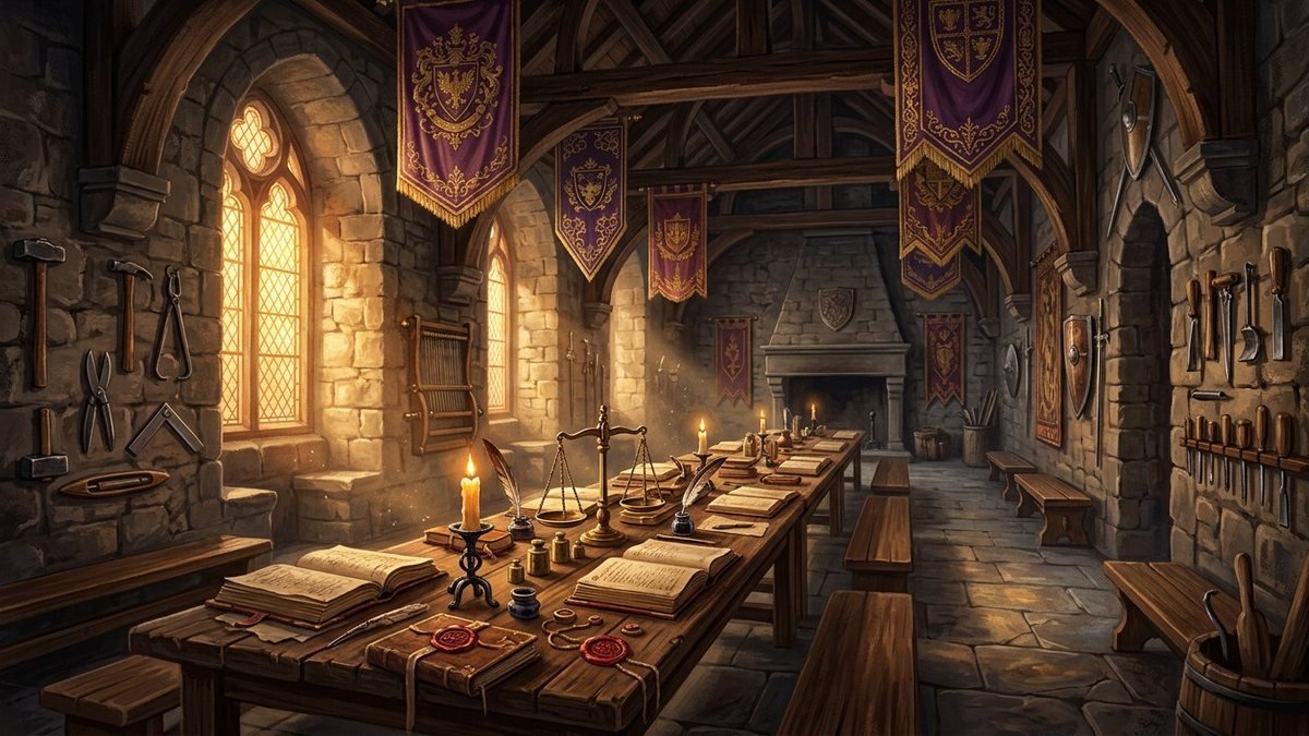 Medieval guild hall interior with a long table, ledgers, candles and craft tools