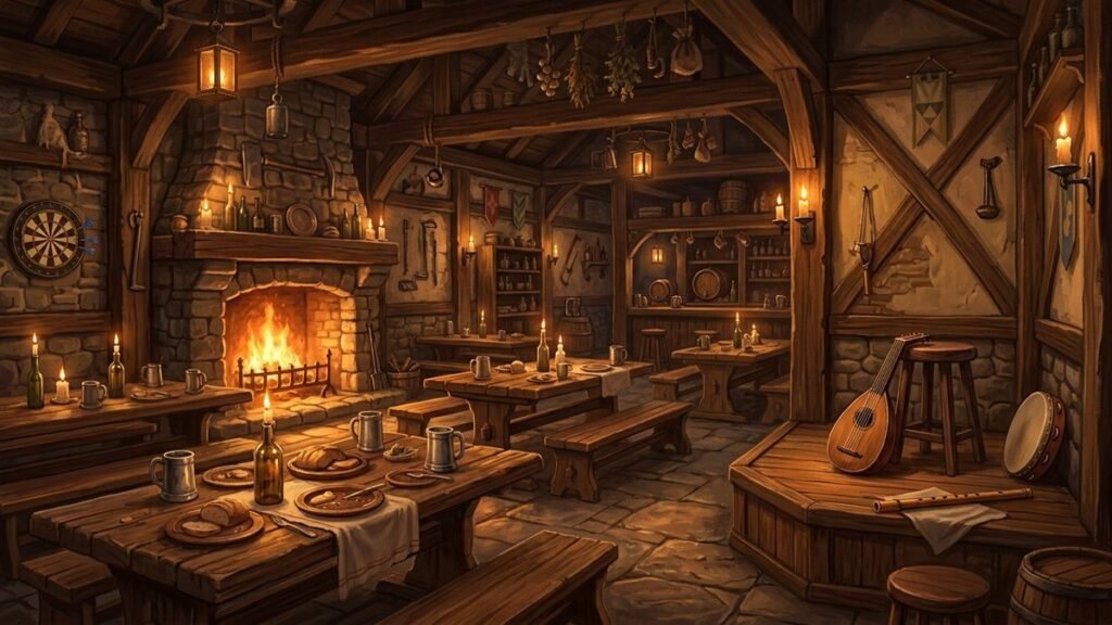 Warm halfling tavern interior with a low stage, lute, drum and crowded benches