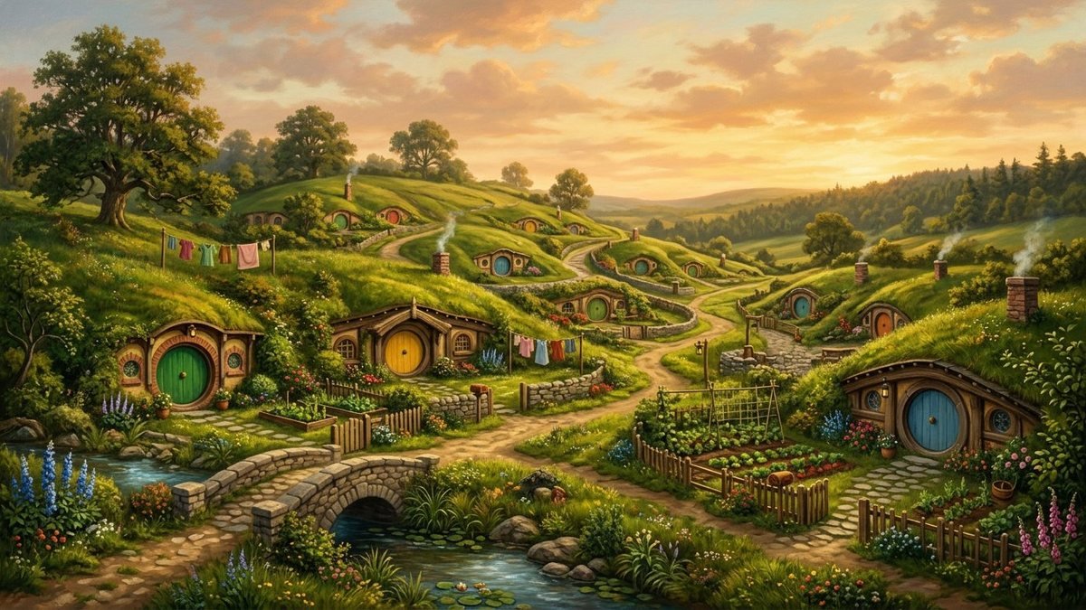 Halfling village of round green doors built into a grassy hillside at golden hour