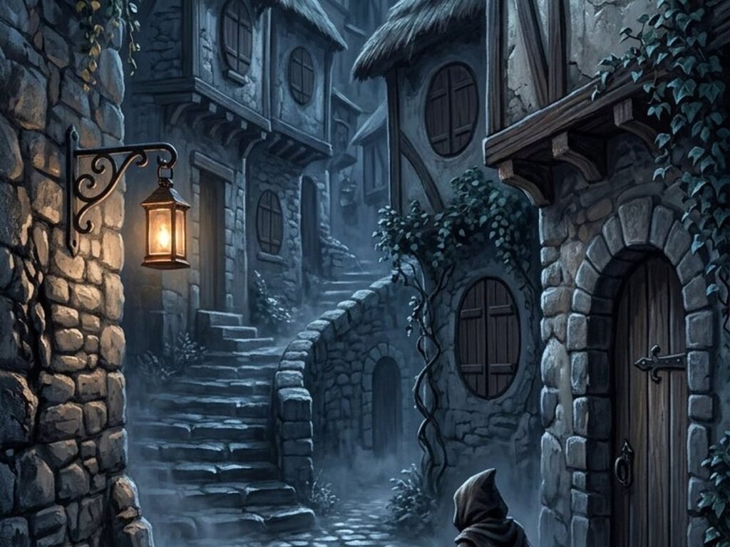 Narrow moonlit village lane with a small hooded figure moving past shuttered windows