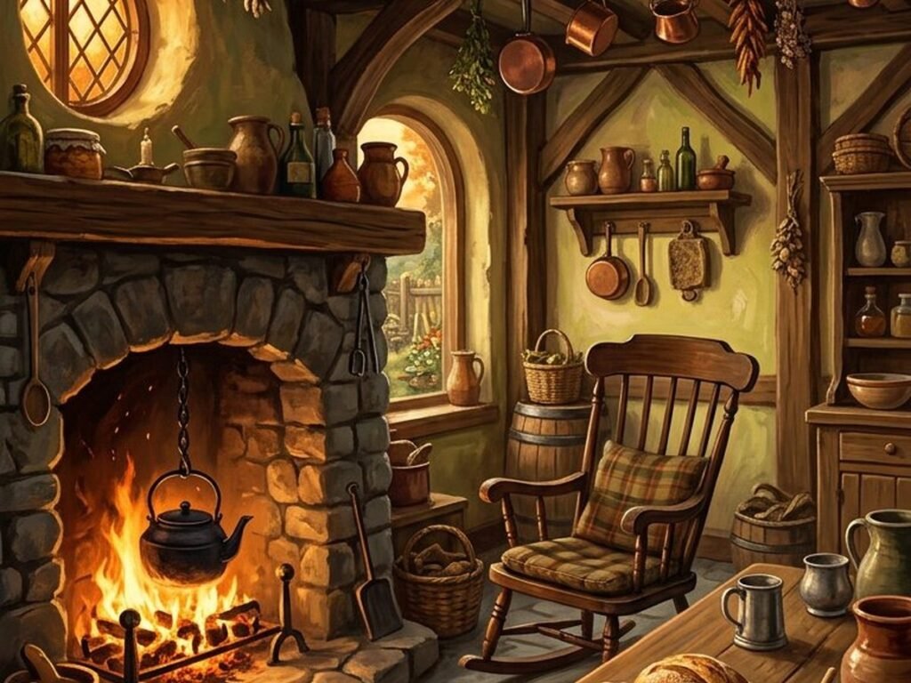 Cosy halfling kitchen with a hearth, hanging herbs, bread and a long wooden table