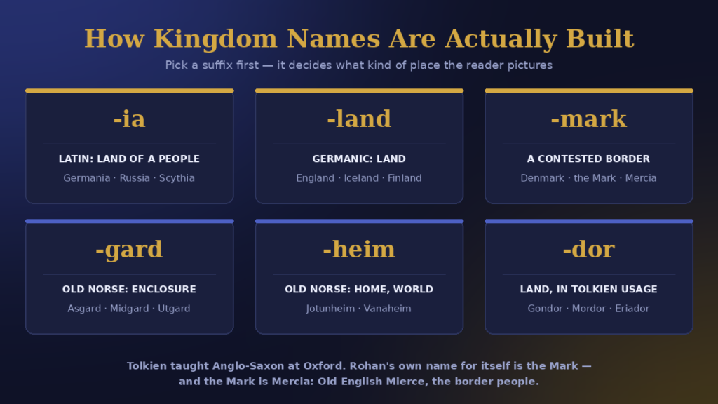 Chart showing kingdom name suffixes ia land mark border gard enclosure heim home and dor land