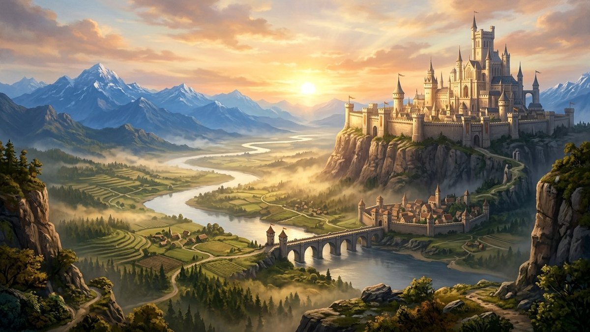 Medieval fantasy kingdom of stone towers on a cliff above a river valley at sunrise
