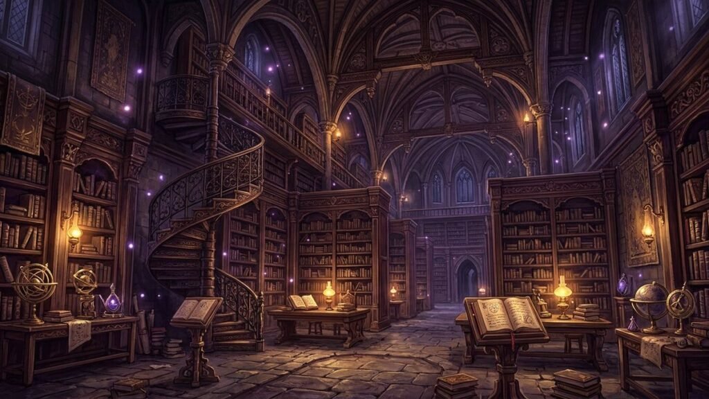 Vaulted mage guild library with tall bookshelves lecterns and glowing lamps