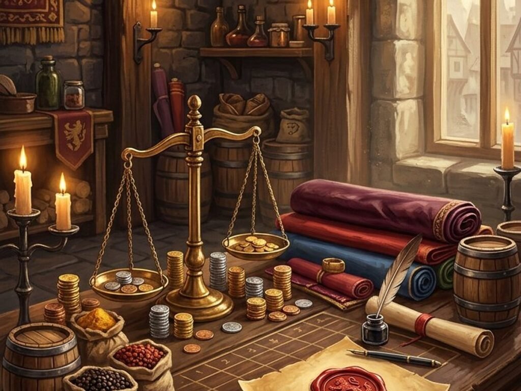 Medieval merchant guild hall with scales, bolts of cloth, barrels and a wax seal