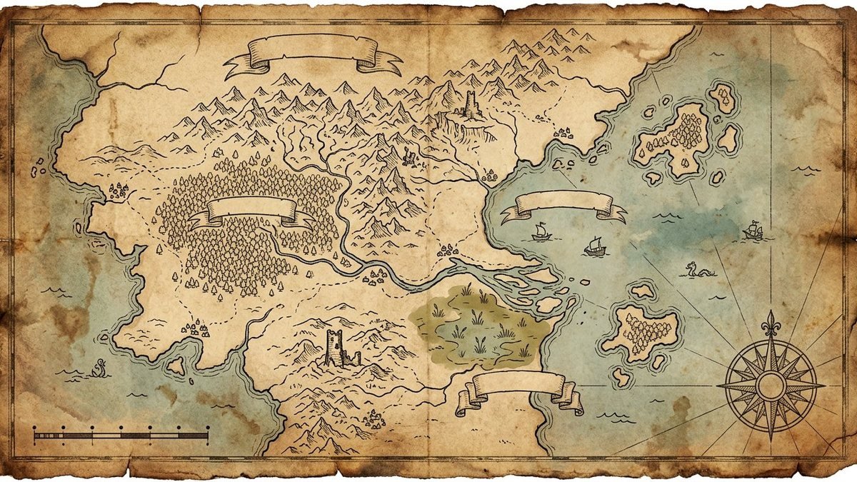 Hand-drawn fantasy map showing a coastline, mountains, forest and a ruined tower