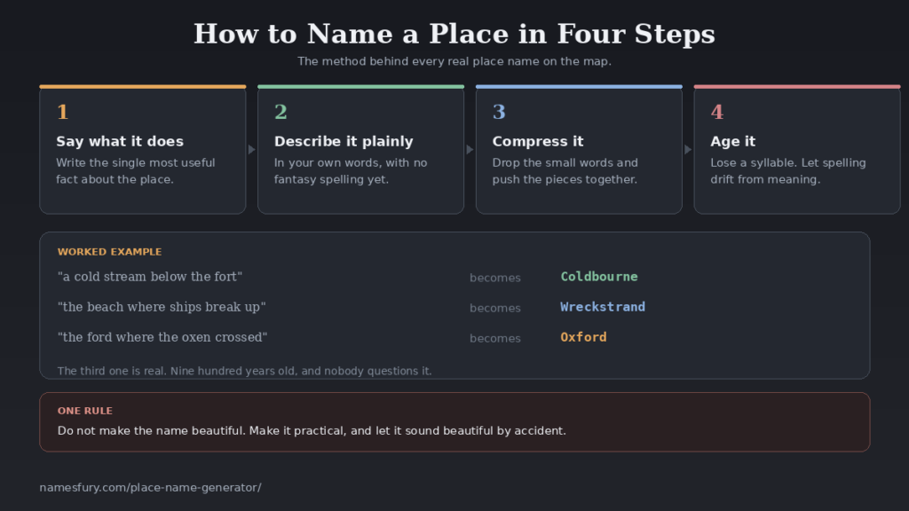 Four-step chart showing how a plain description becomes a place name like Coldbourne