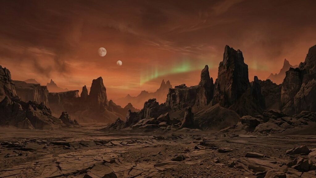 Rocky alien planet surface under a rust red sky with two pale moons and jagged basalt spires