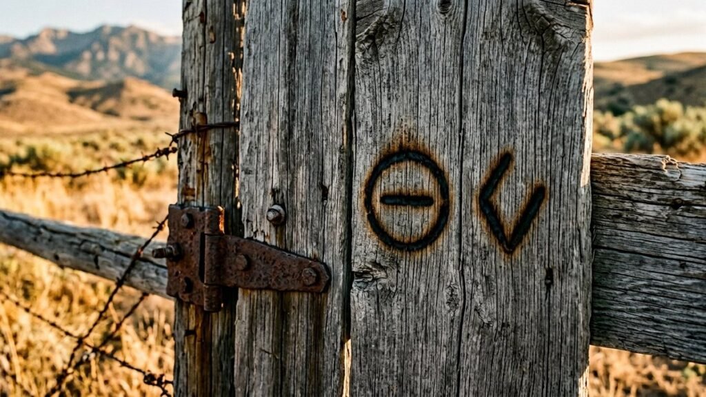 Weathered wooden ranch gate with a circle-and-bar cattle brand and a half-diamond brand scorched into the wood