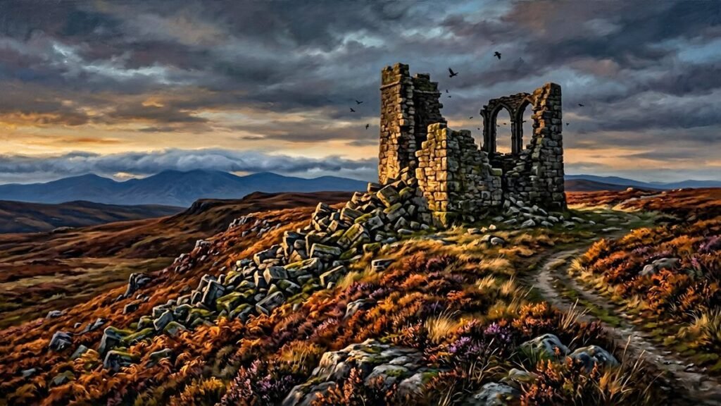 Collapsed stone watchtower on a heather moorland ridge at dusk. Place Name Generator