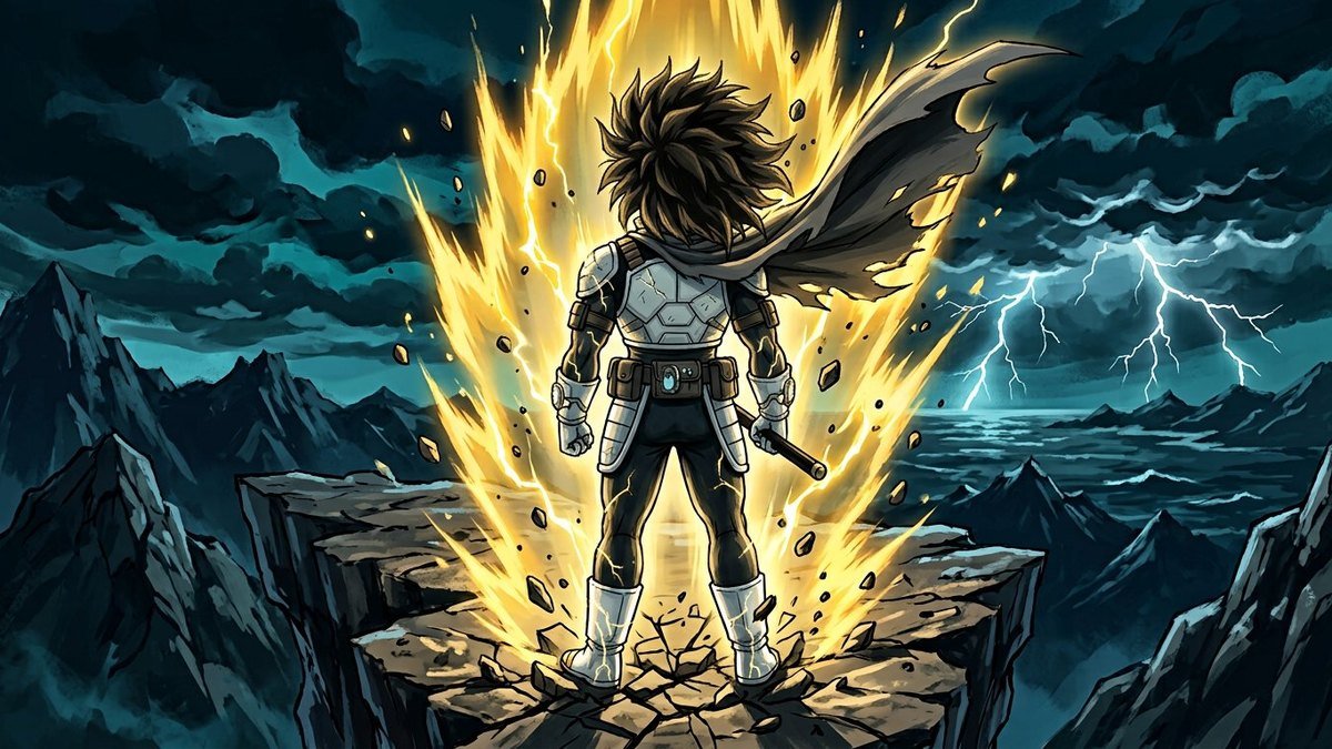Original anime style warrior seen from behind with wild spiky black hair and a blazing golden energy aura on a rocky cliff
