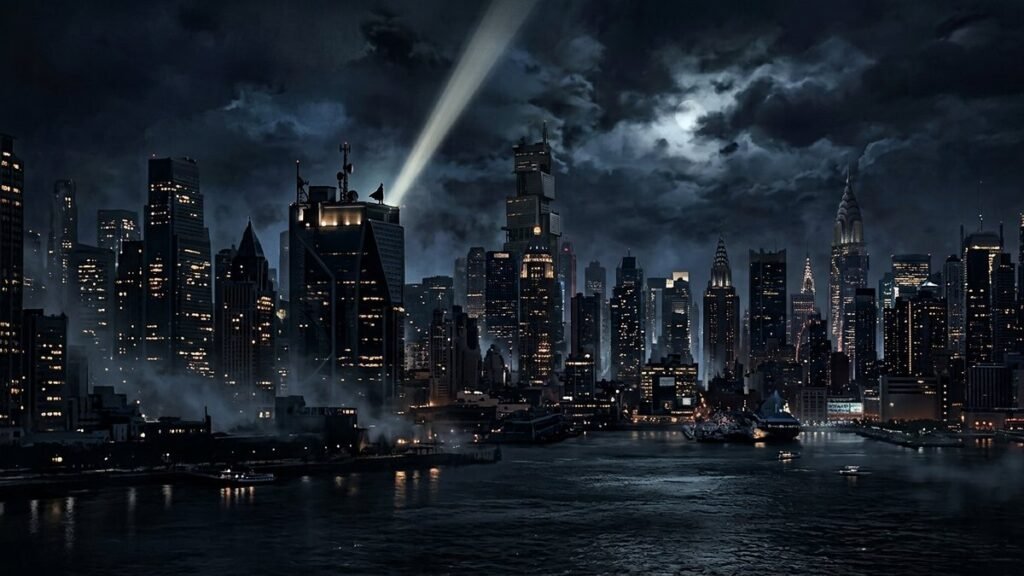 Night city skyline with one searchlit rooftop where a distant caped silhouette stands