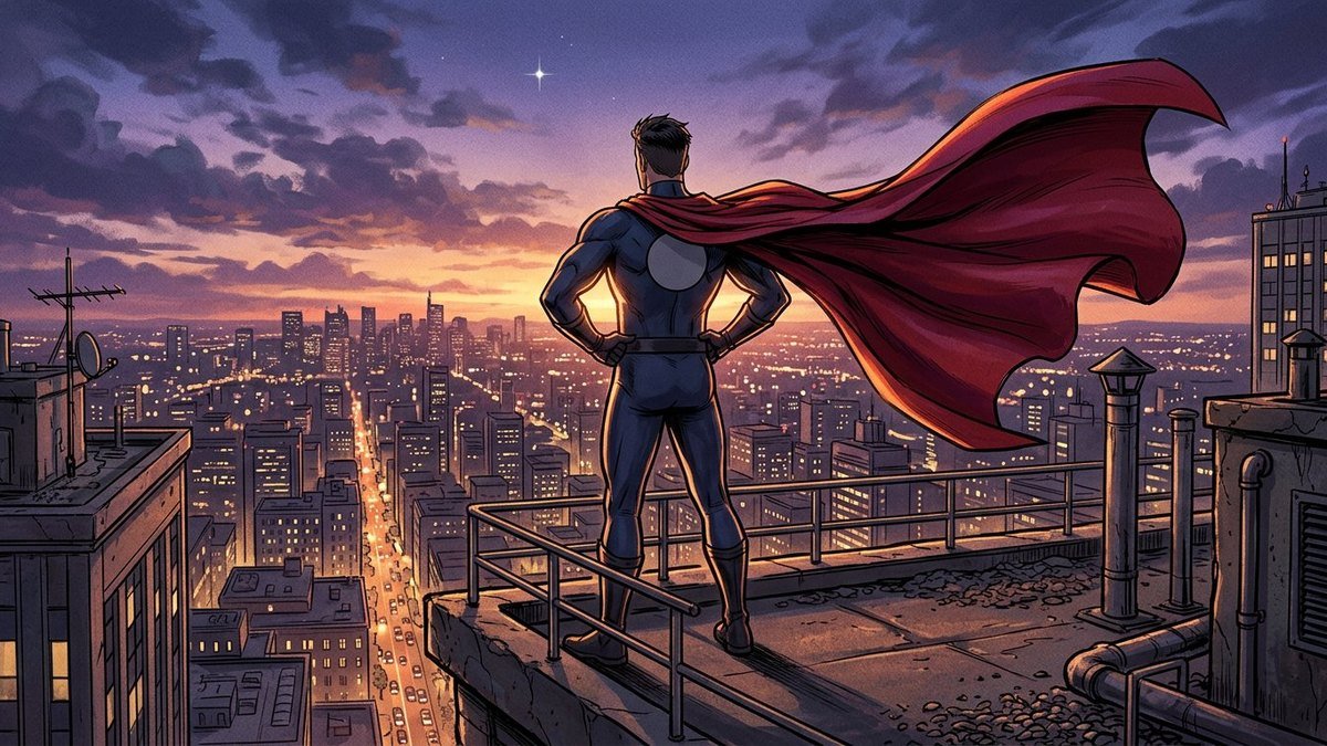 Original superhero seen from behind on a skyscraper rooftop at dusk with a red cape in wind over a city of warm window lights
