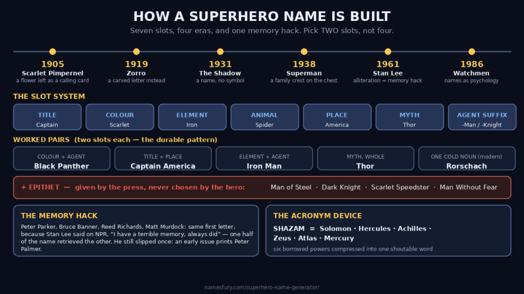 Chart showing the seven slots of a superhero name, the 1905 to 1986 timeline and the Stan Lee alliteration memory hack