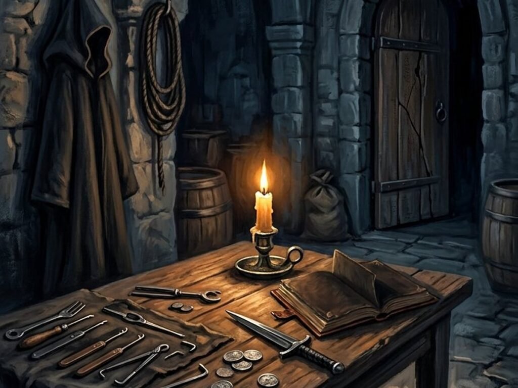 Candlelit thieves guild den in a cellar with lockpicks coins and a ledger
