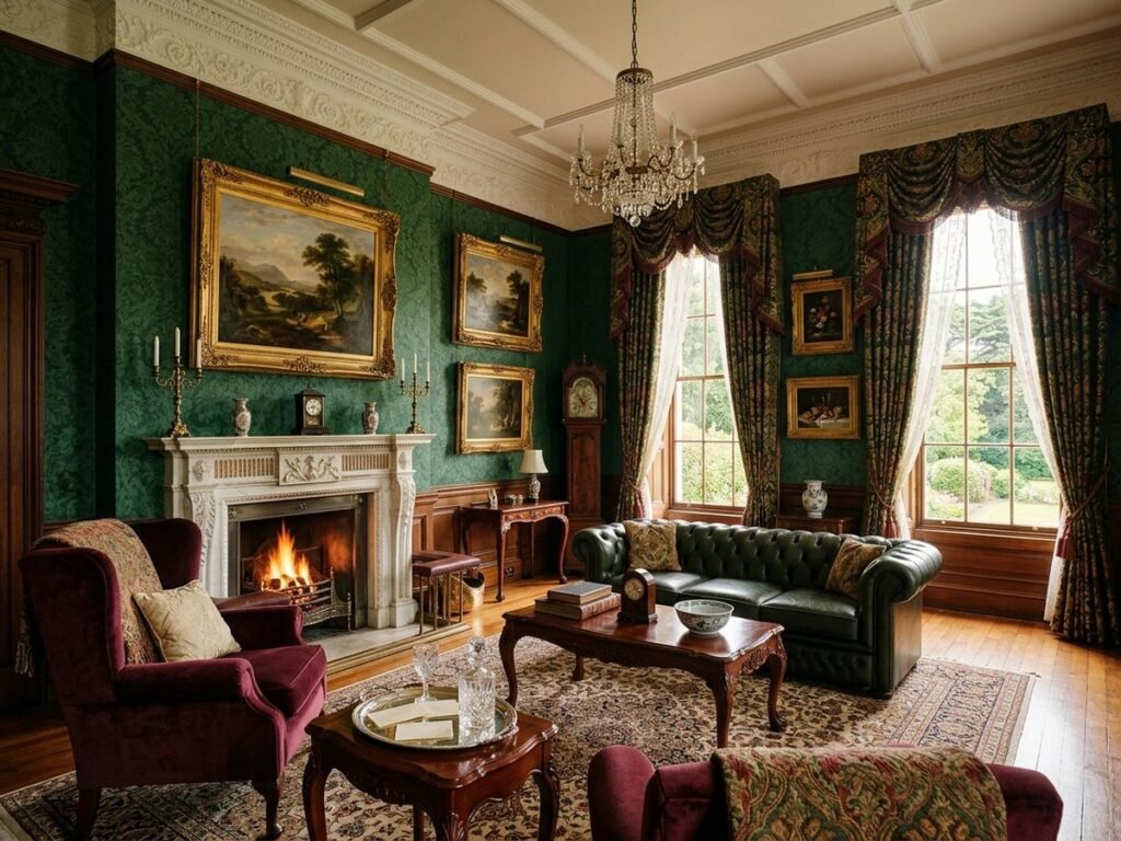 Opulent Victorian drawing room with green damask walls, marble fireplace and gilt framed paintings