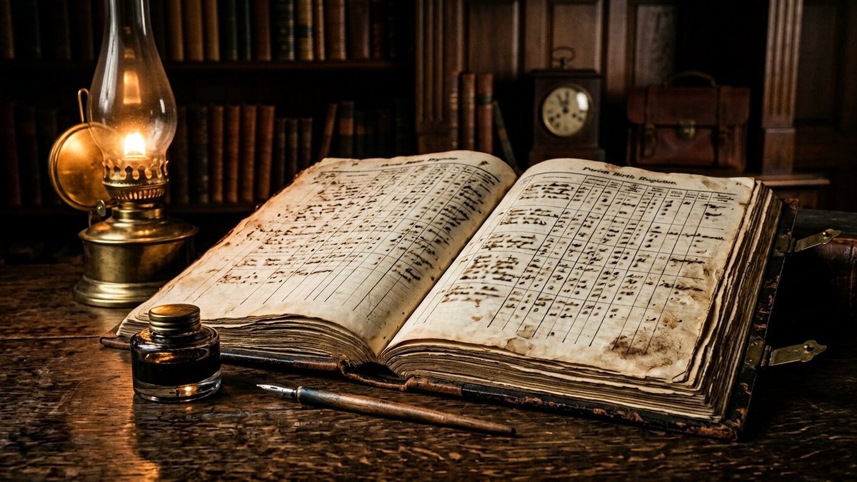 Open Victorian parish birth register on a wooden desk beside an oil lamp, inkwell and dip pen