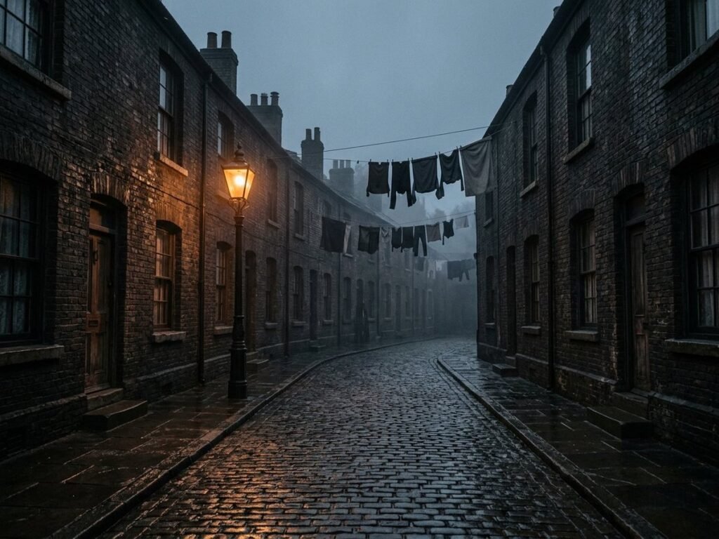 Foggy Victorian terraced street with gas lamp, wet cobblestones and washing lines overhead